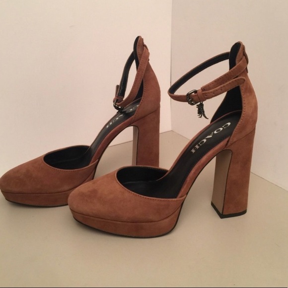 Coach Brown Suede Leather Platform Block Heels - Picture 2 of 8